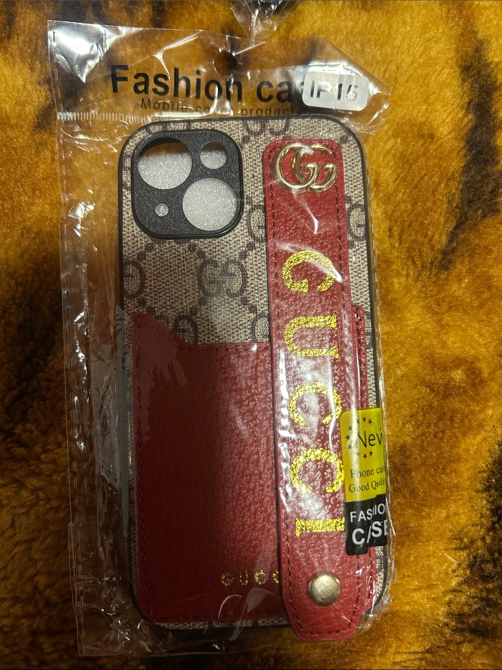 Red Designer-Style Card Slot Phone Case with Strap iPhone 15